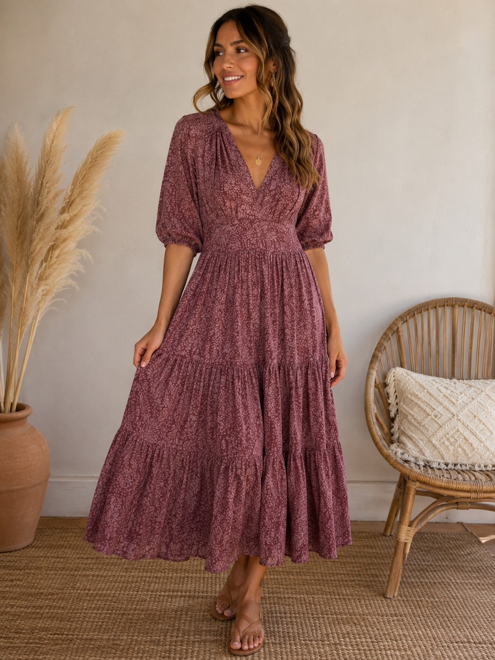 Universal Thread NWT Mauve Boho Tiered Maxi Dress | Balloon Sleeve | Size Medium